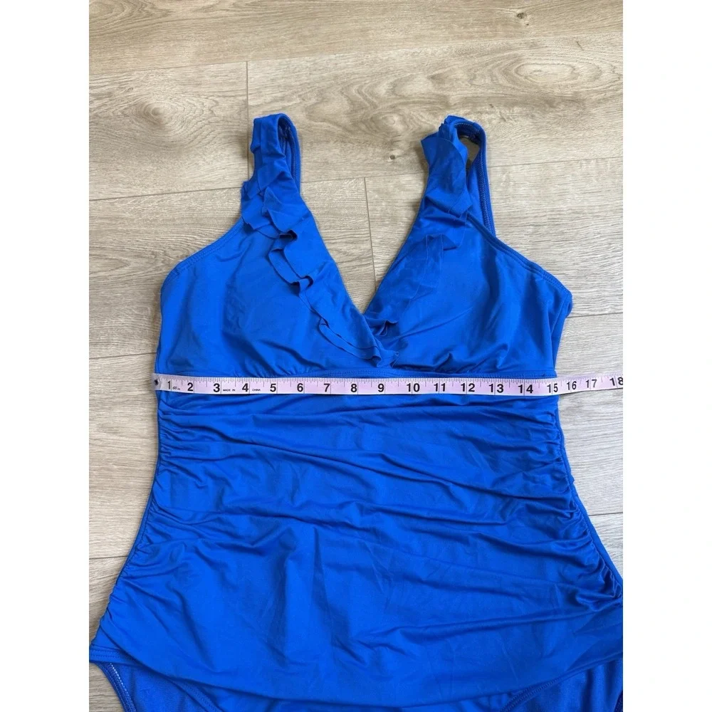 EUC Lauren Ralph Lauren‎ Ruffle Underwire Blue One Piece Tummy Ruched  Size 16